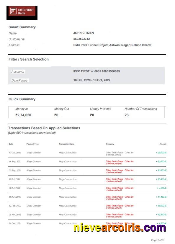 India IDFC bank statement, Word and PDF format, 3 pages, version 2